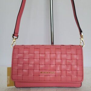 MICHAEL KORS Jet Set Small Phone Woven Leather Crossbody- Tea Rose 🎈SALE $108.